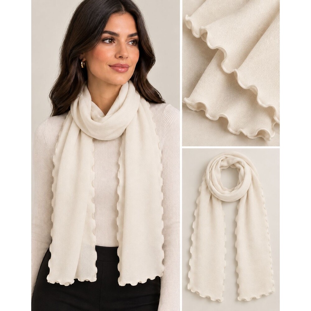 AQUA Women's Ruffled  Scalloped Edge Scarf Ivory Off White Soft & Cozy One Size